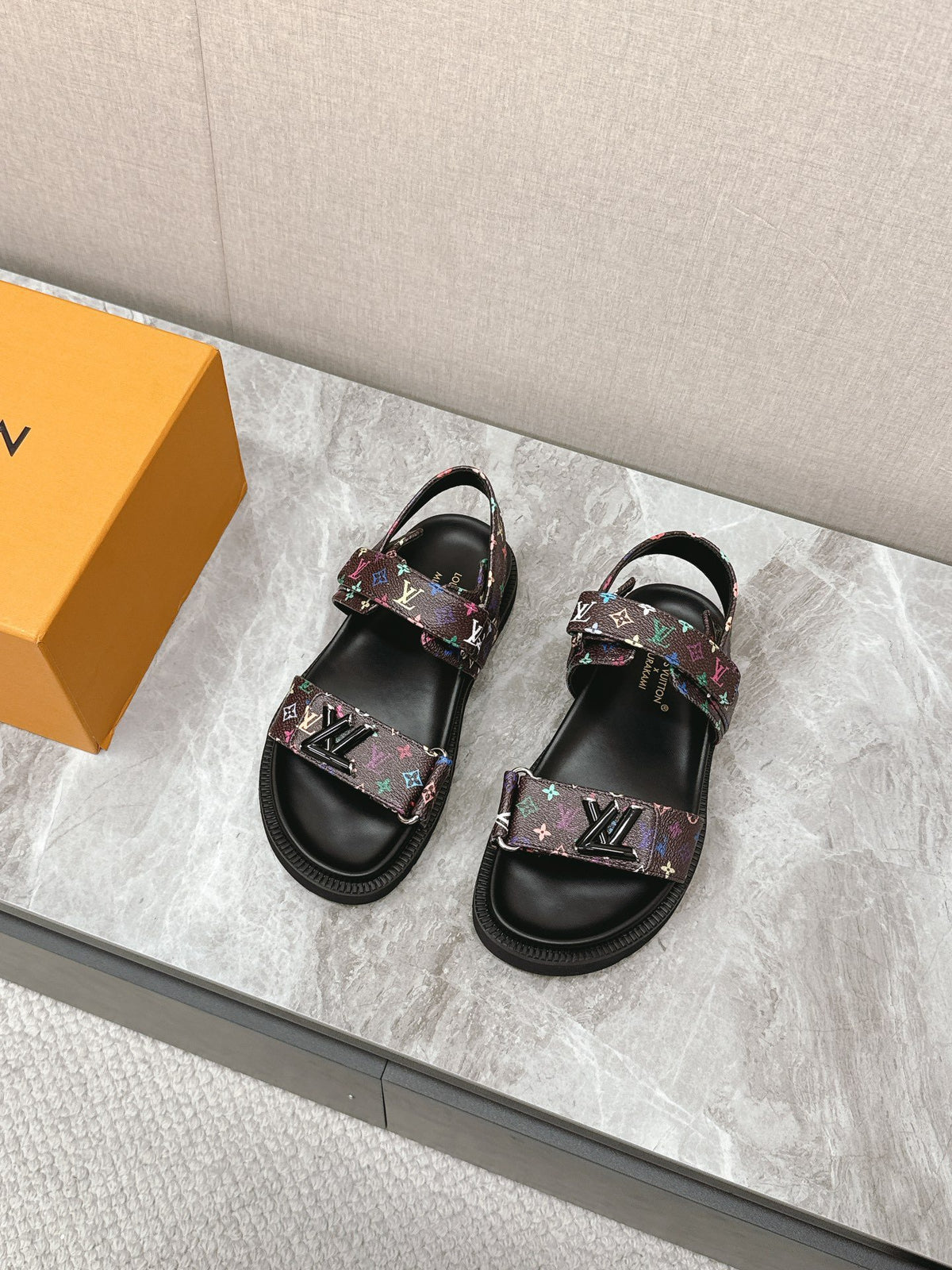 LV Women Multicolor Canvas Strap Black Sandals