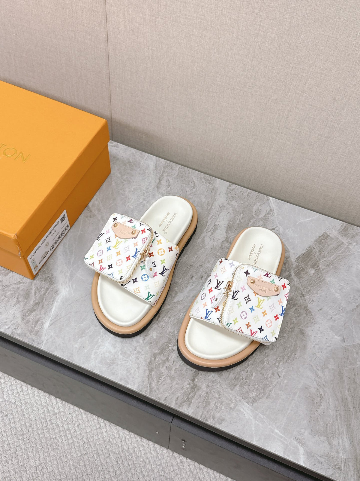 LV Women White Leather Multicolor Logo Mules