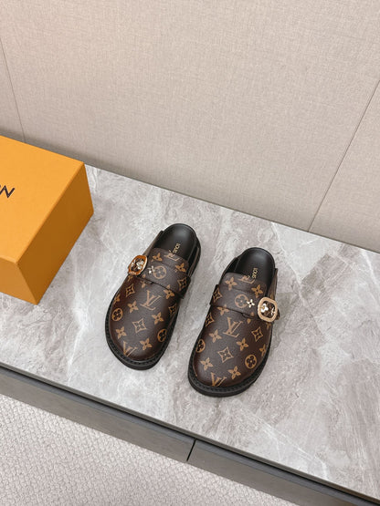 LV Women Brown Leather Monogram Mules