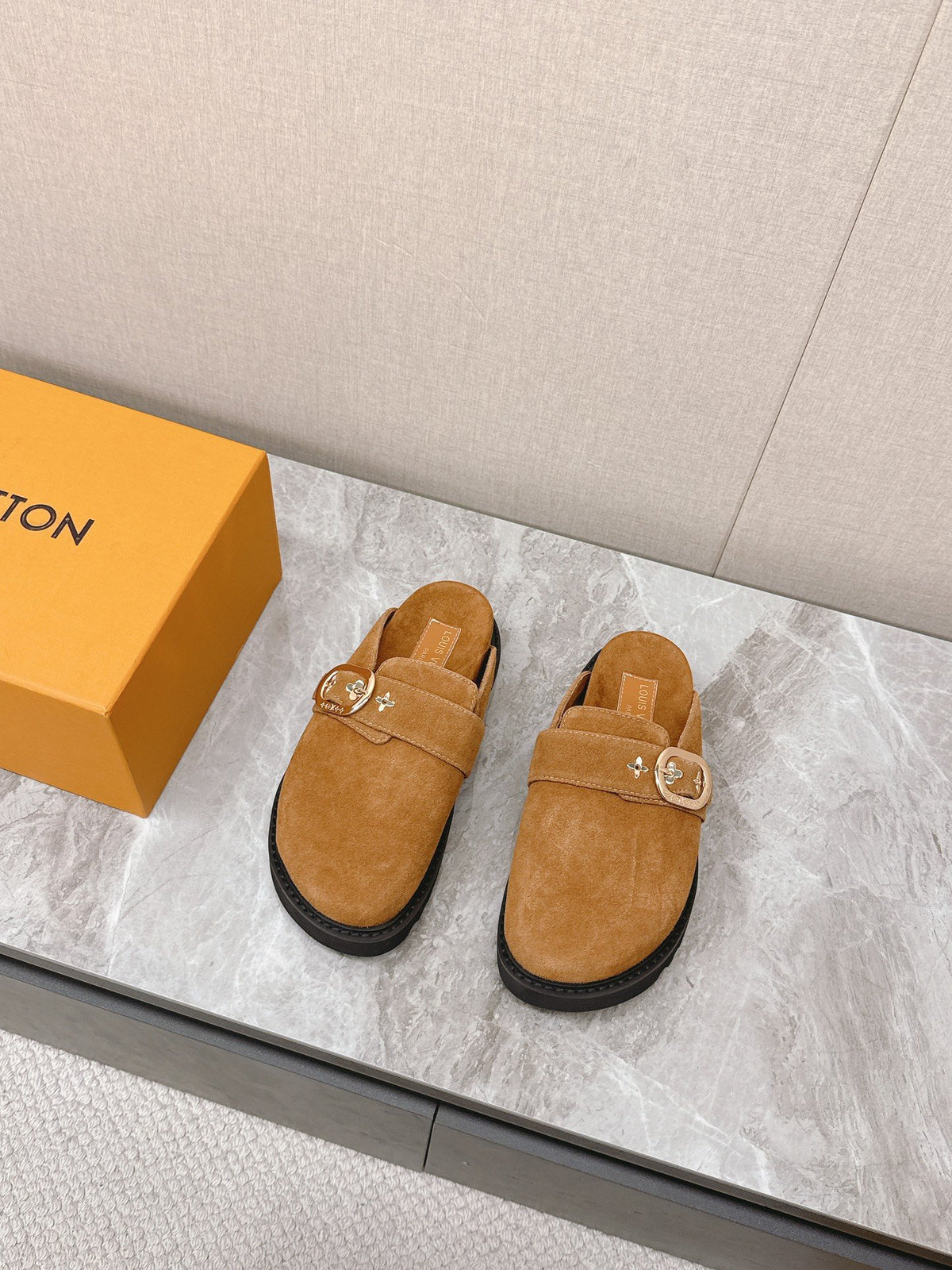 LV Women Brown Suede Mules