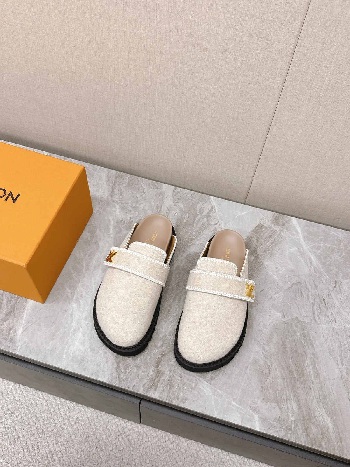 LV Women Beige Wool Mules