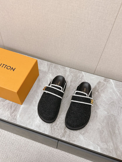 LV Women Black Felt Leather Trim Mules