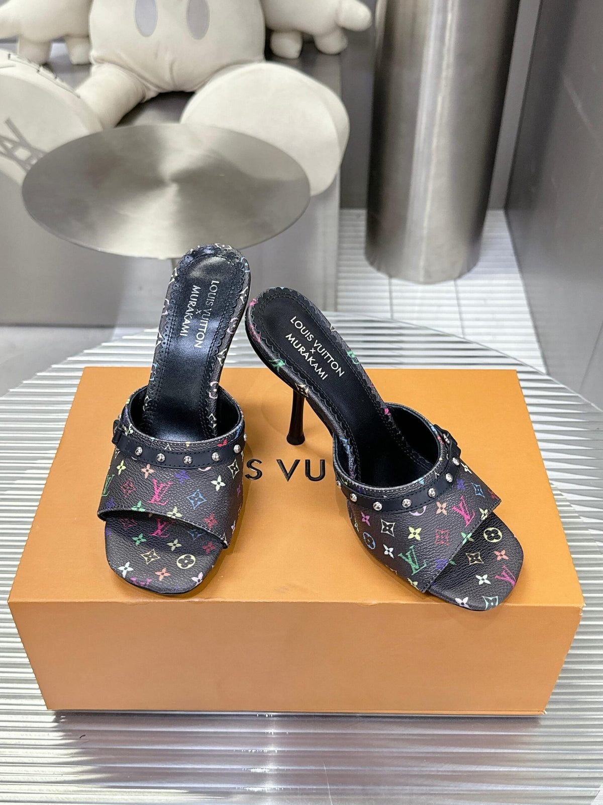LV Women Black Leather Multicolor Logo Mules