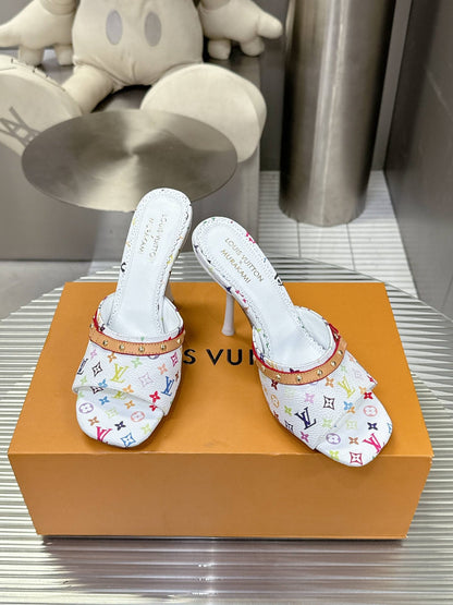 LV Women White Multicolor Printed Leather Mules