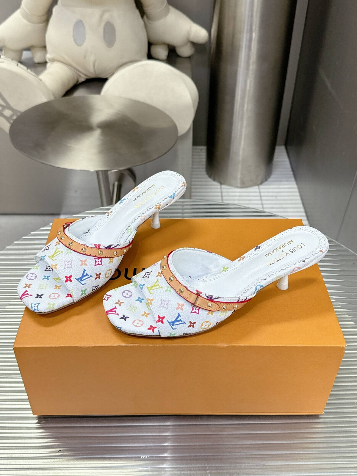 LV Women White Multicolor Leather Heels