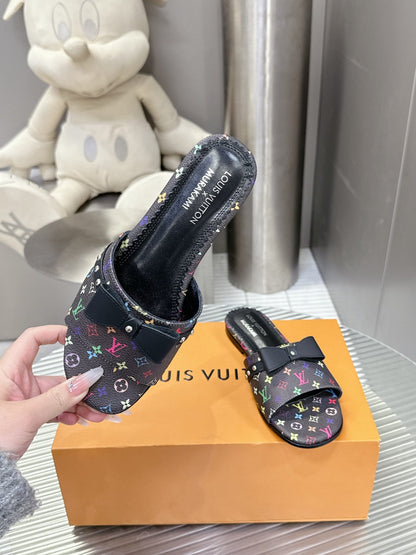 LV Women Black Patterned Leather Bow Slide Sandals