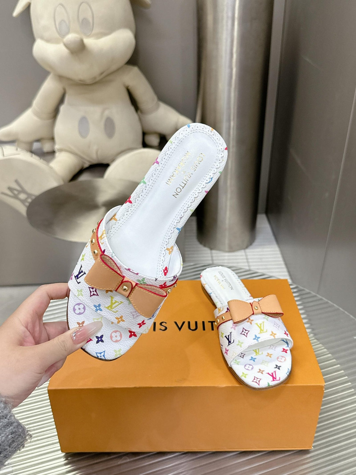 LV Women White Leather Multicolor Monogram Mules