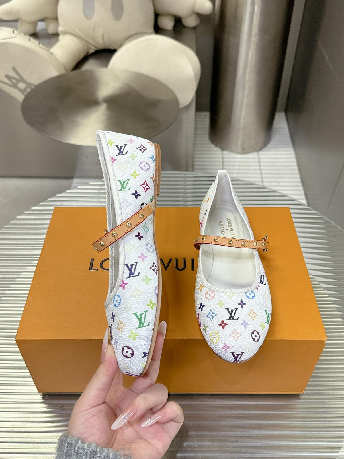 LV Women White Canvas Multicolor Print Leather Strap Flats