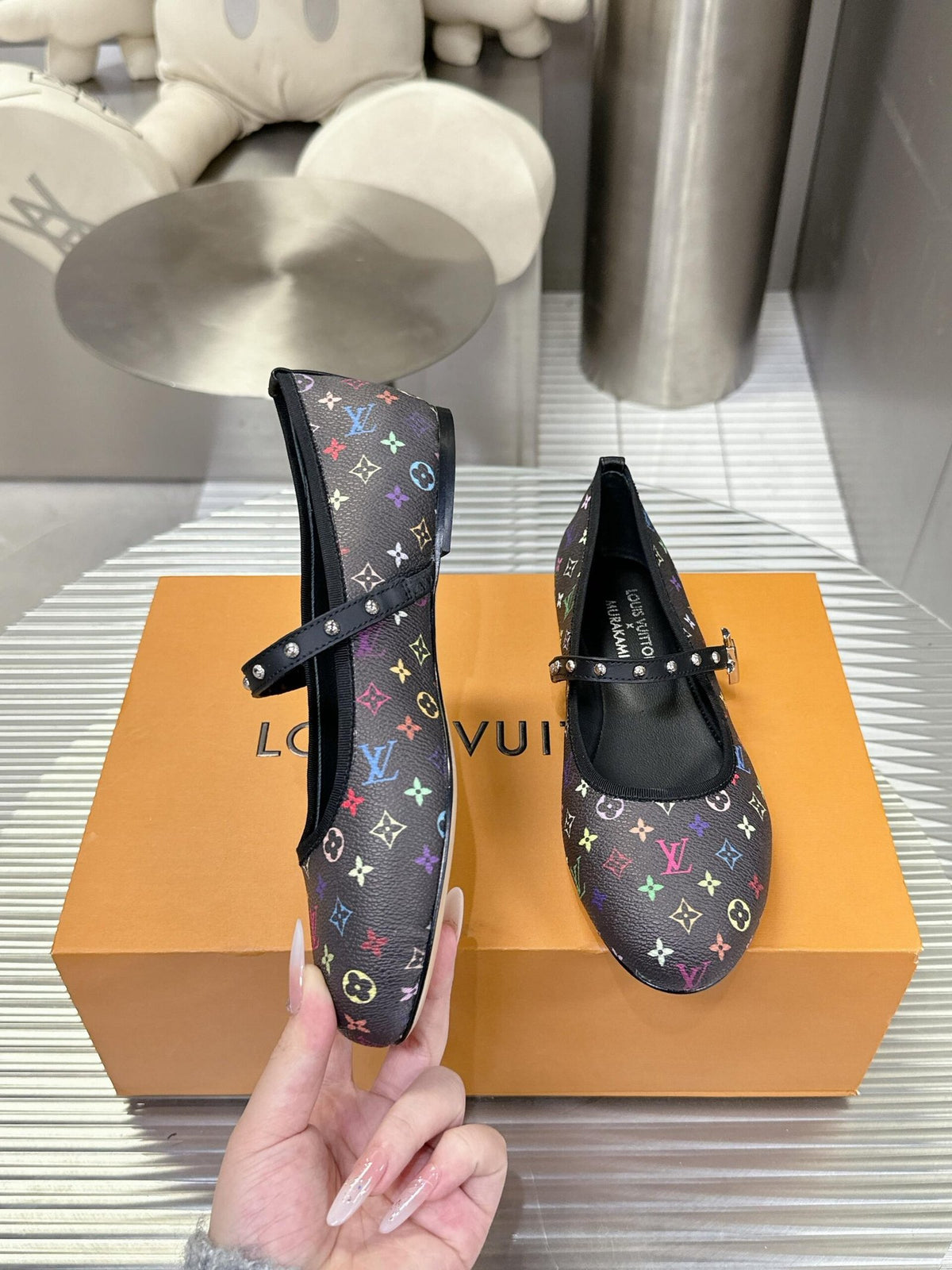 LV Women Black Leather Multicolor Monogram Mary Jane Flats