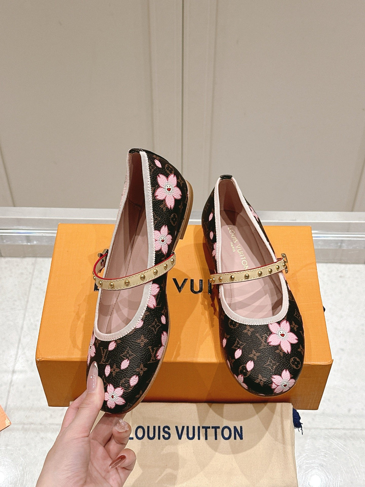 LV Women Brown Canvas Pink Floral Patterned Flats