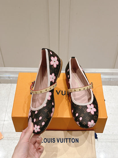 LV Women Brown Canvas Pink Floral Patterned Flats