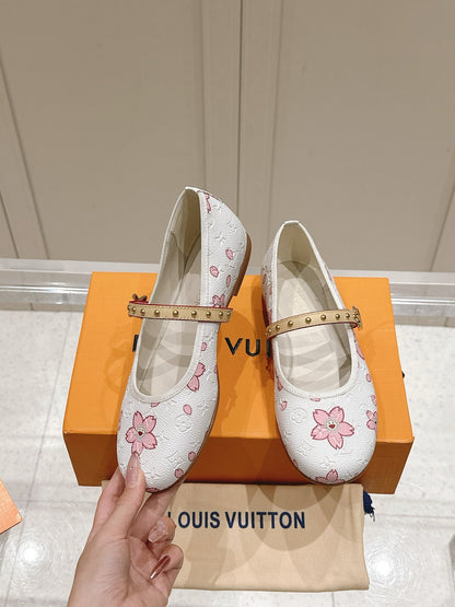 LV Women White Leather Pink Floral Mary Janes
