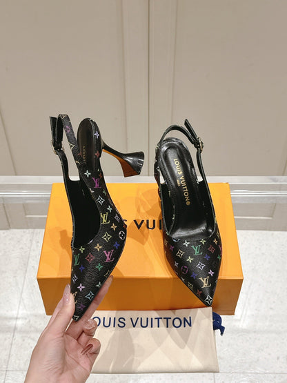 LV Women Black Patterned Leather Heels