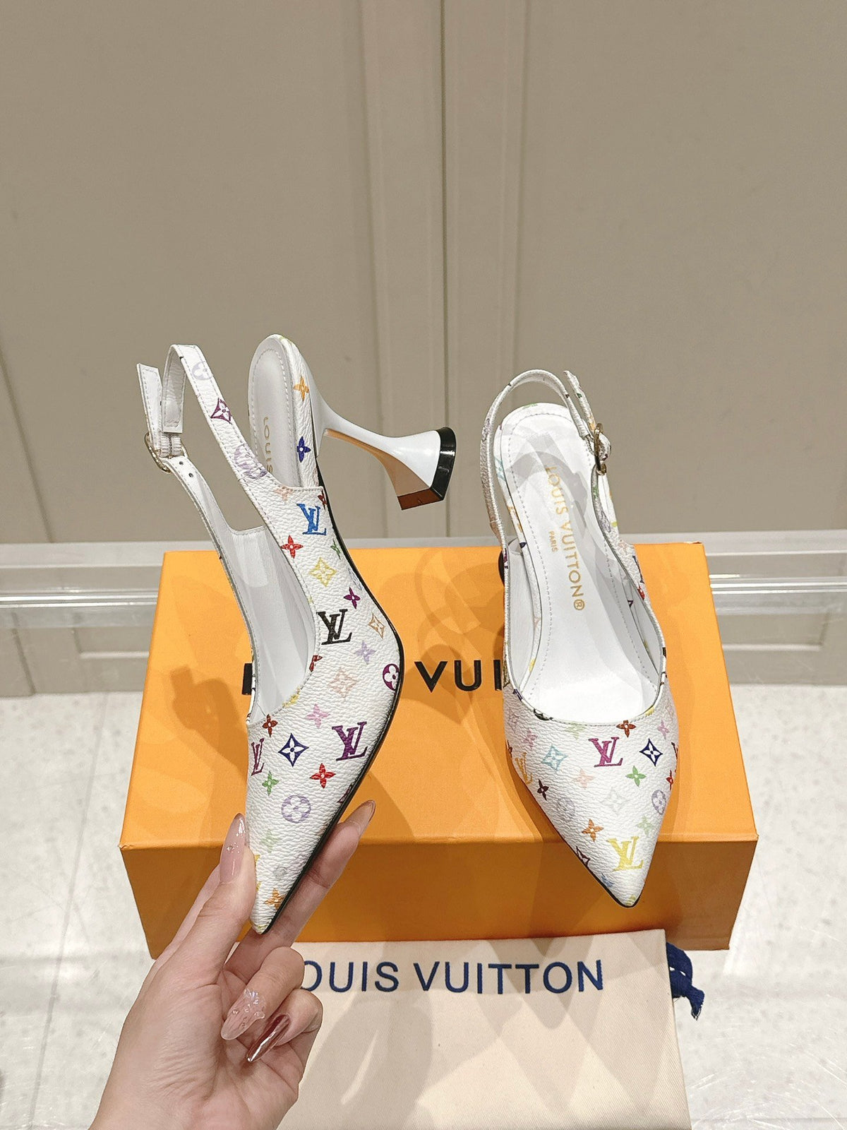 LV Women White Leather Multicolor Logo Heels