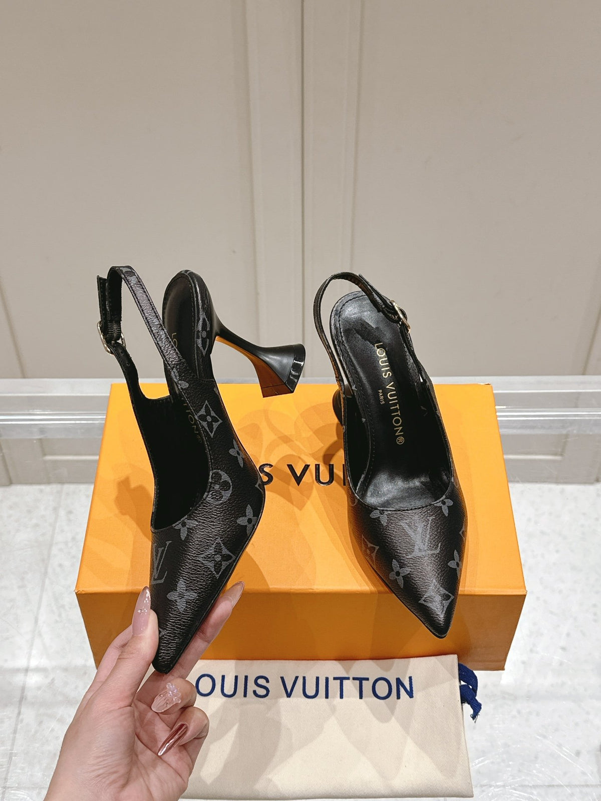 LV Women Black Patterned Leather Heels
