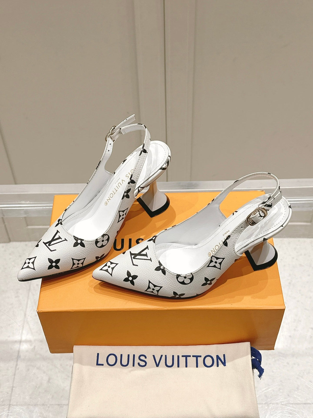 LV Women White Leather Monogram Slingback Heels