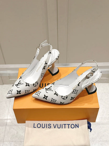 LV Women White Leather Monogram Slingback Heels