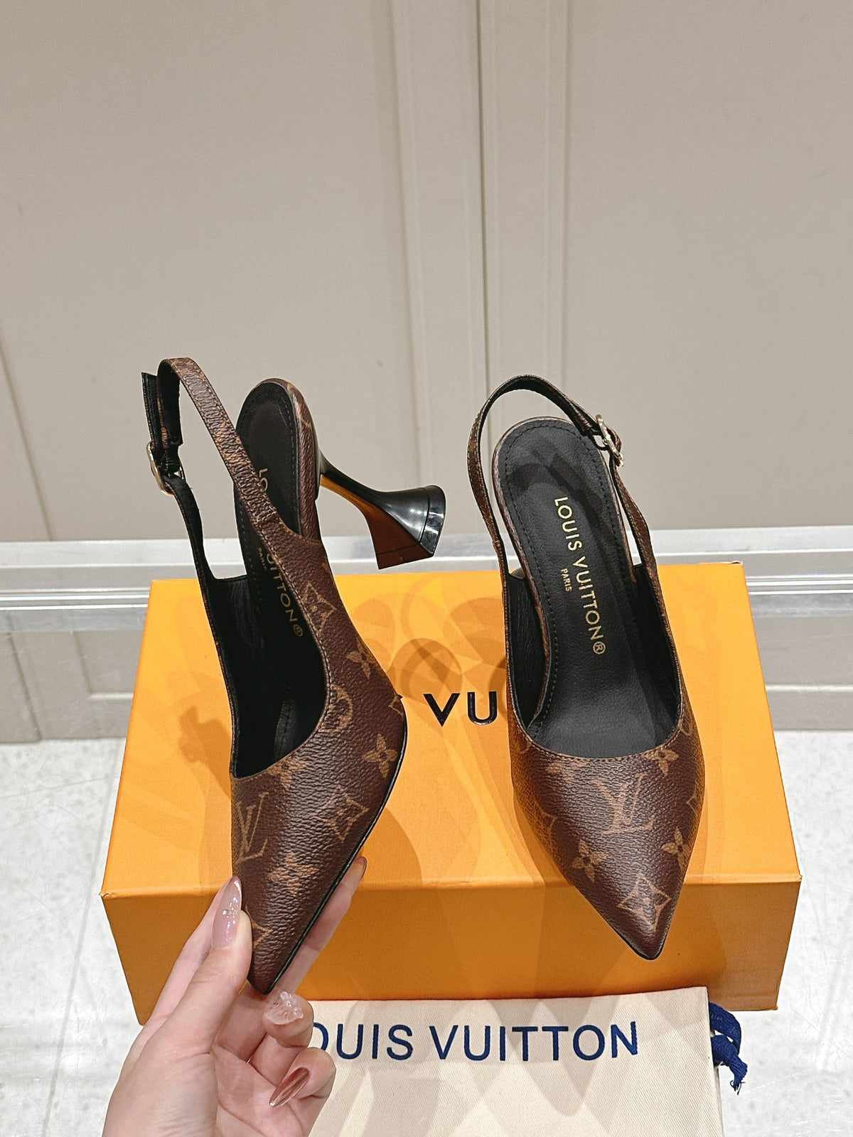 LV Women Brown Leather Patterned Slingback Heels