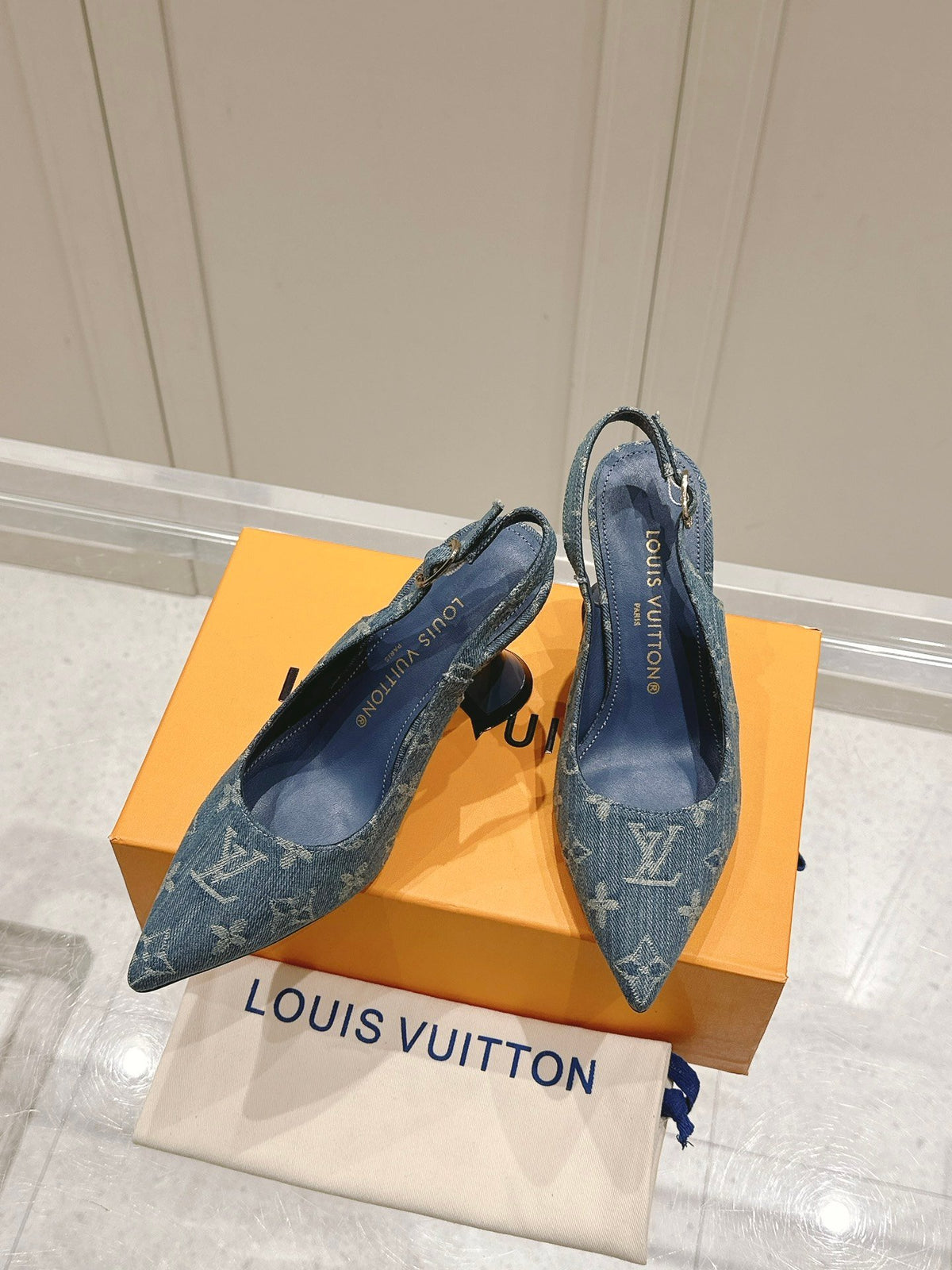 LV Women Blue Denim Leather Trim Slingback Heels