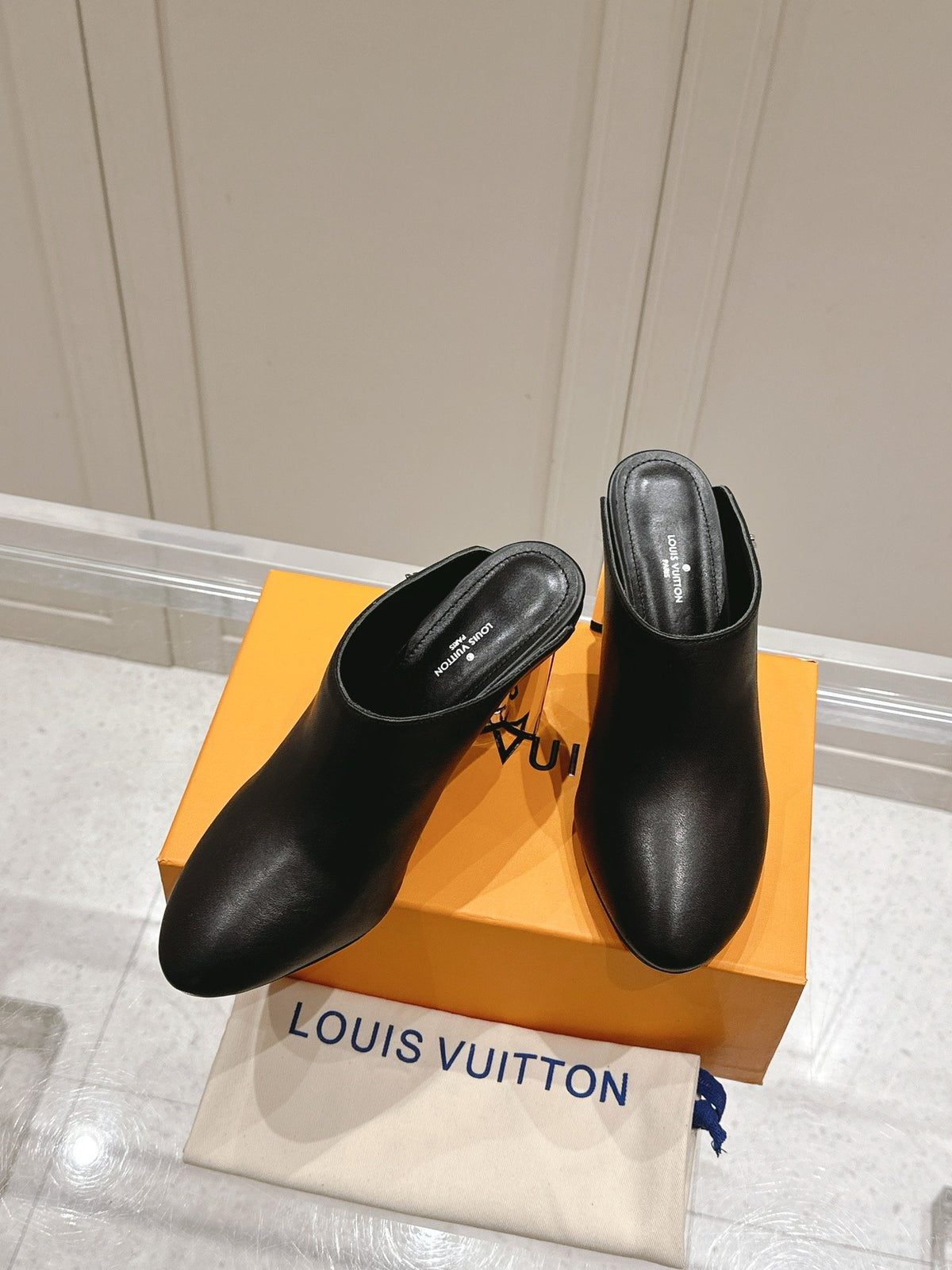 LV Women Black Leather Mules Heels