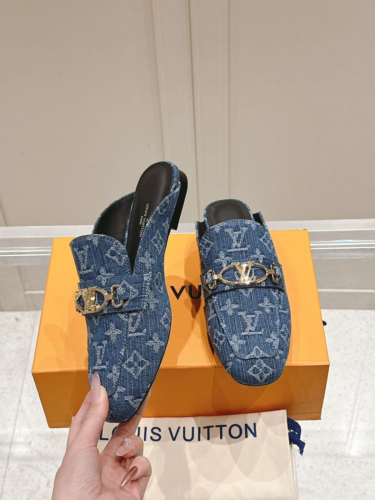 LV Women Blue Denim Leather Mules