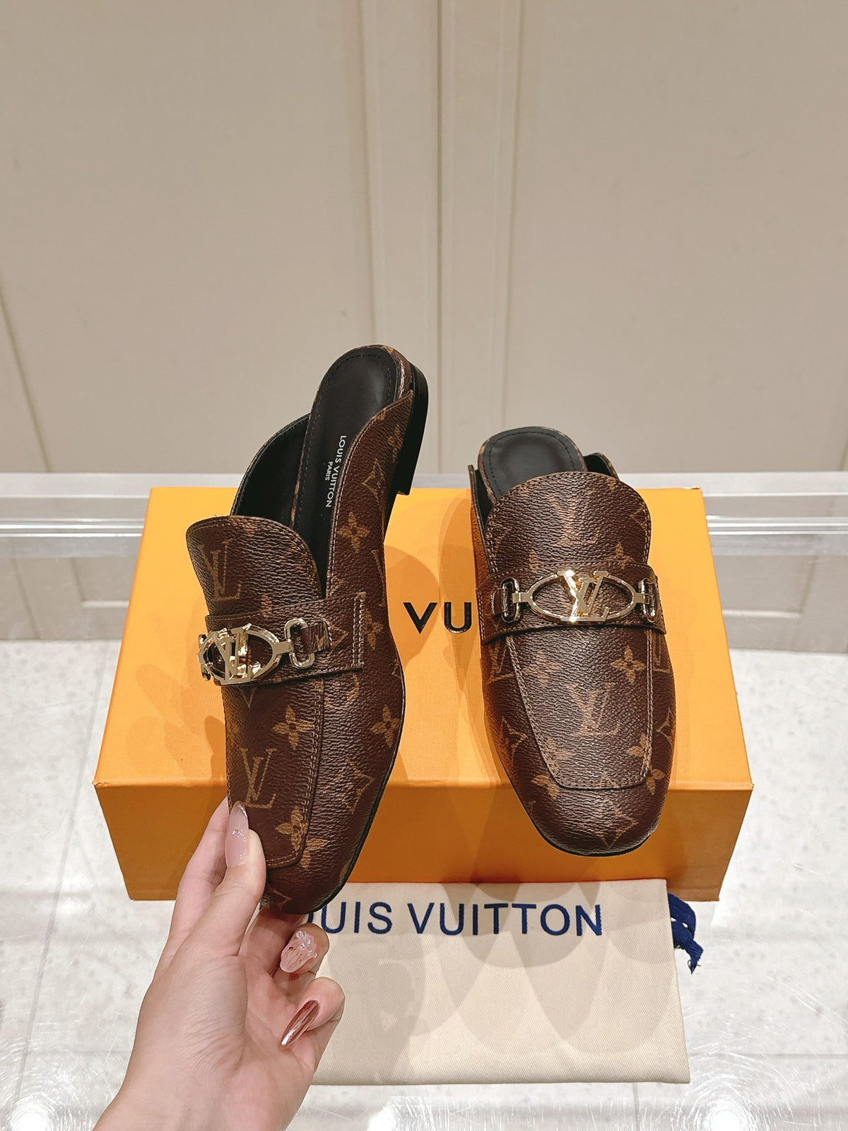 LV Women Brown Leather Mules