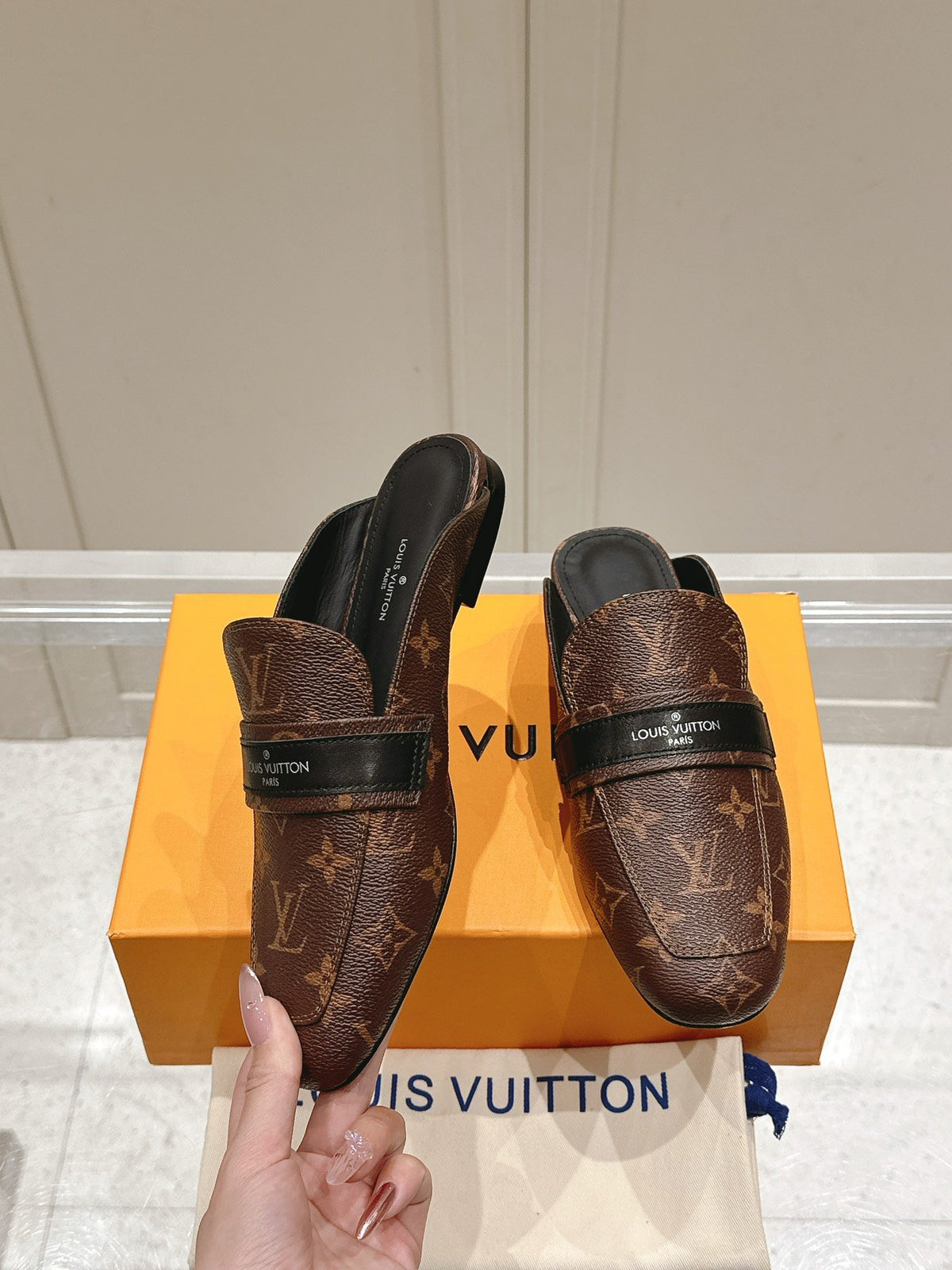 LV Women Brown Leather Monogram Mules