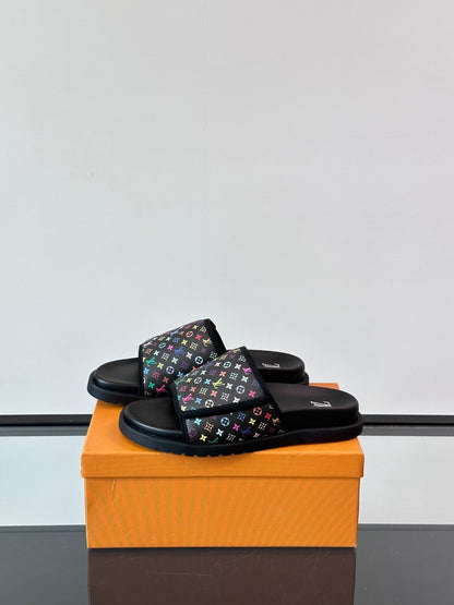 LV Men Black Canvas Multicolor Print Slides