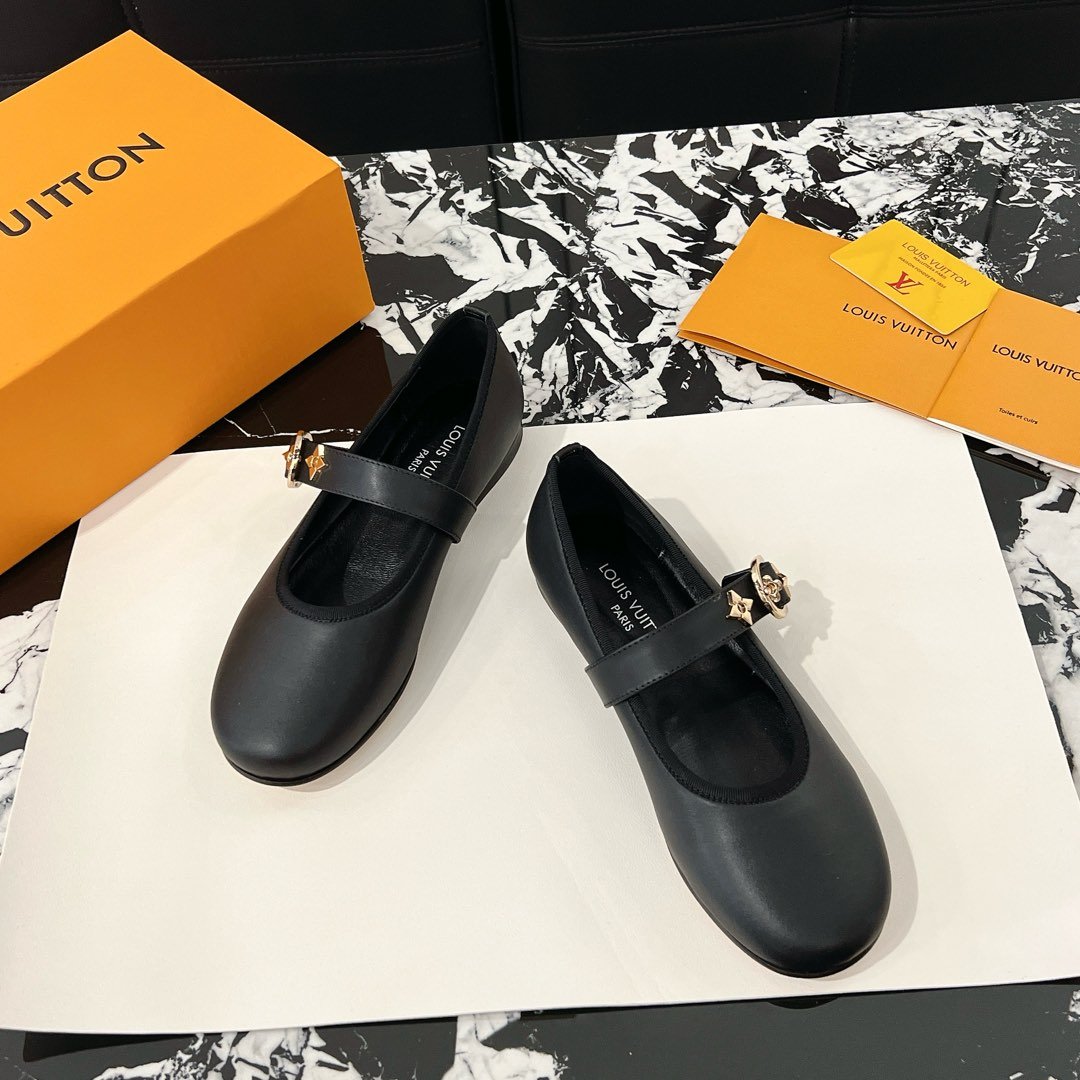 LV Women Black Leather Mary Jane Flats