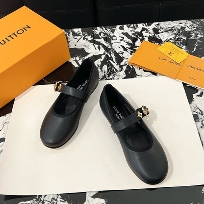LV Women Black Leather Mary Jane Flats