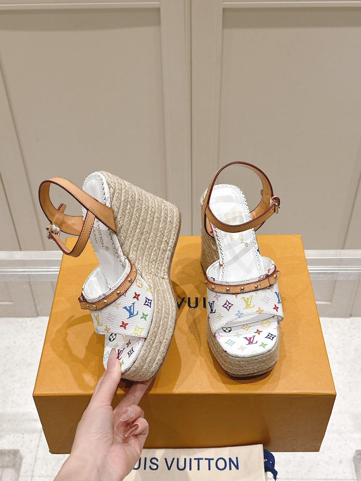 LV Women White Leather Multicolor Print Wedge Sandals