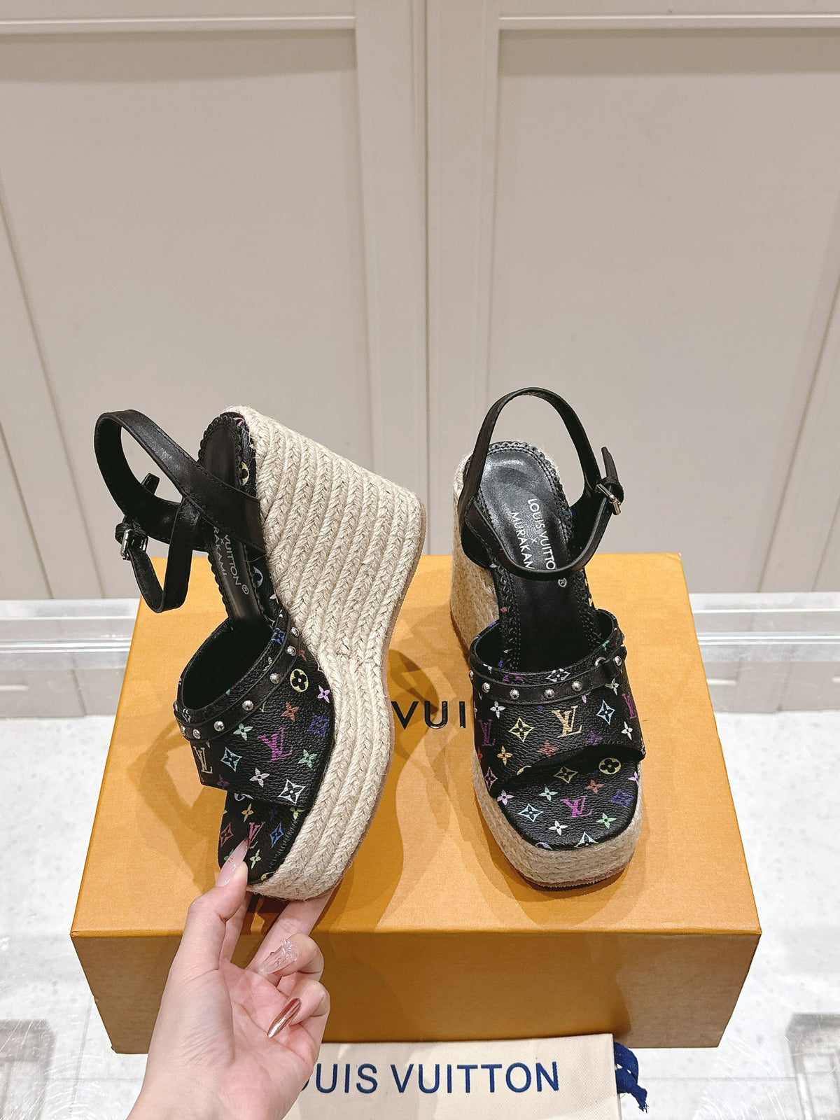 LV Women Black Leather Espadrille Wedge Sandals