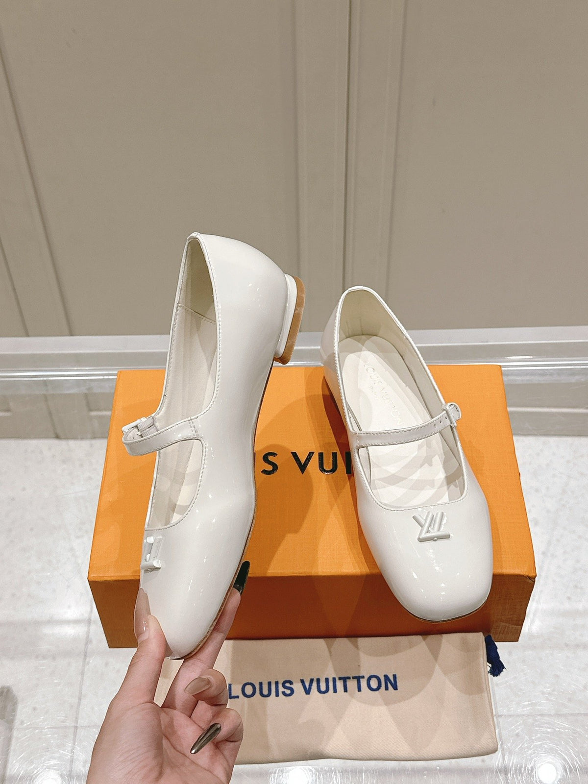 LV Women White Patent Leather Mary Jane Heels