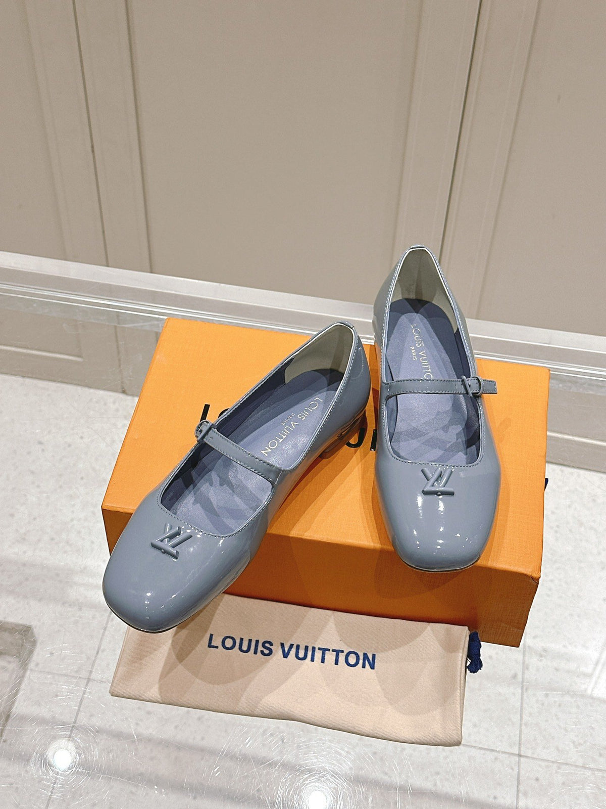 LV Women Light Blue Patent Leather Mary Jane Loafers