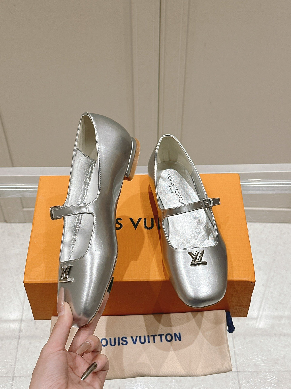 LV Women Silver Leather Mary Jane Flats