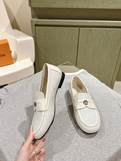 LV Women White Leather Studded Loafers