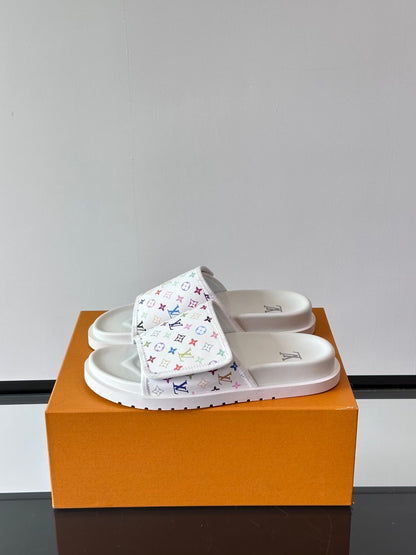 LV Men White Printed Fabric Slides