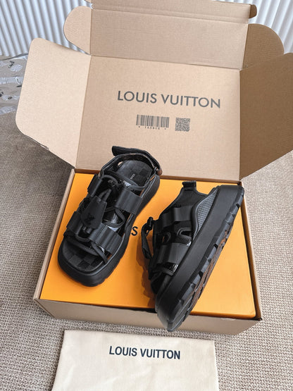 LV Women Black Leather Sporty Sandals
