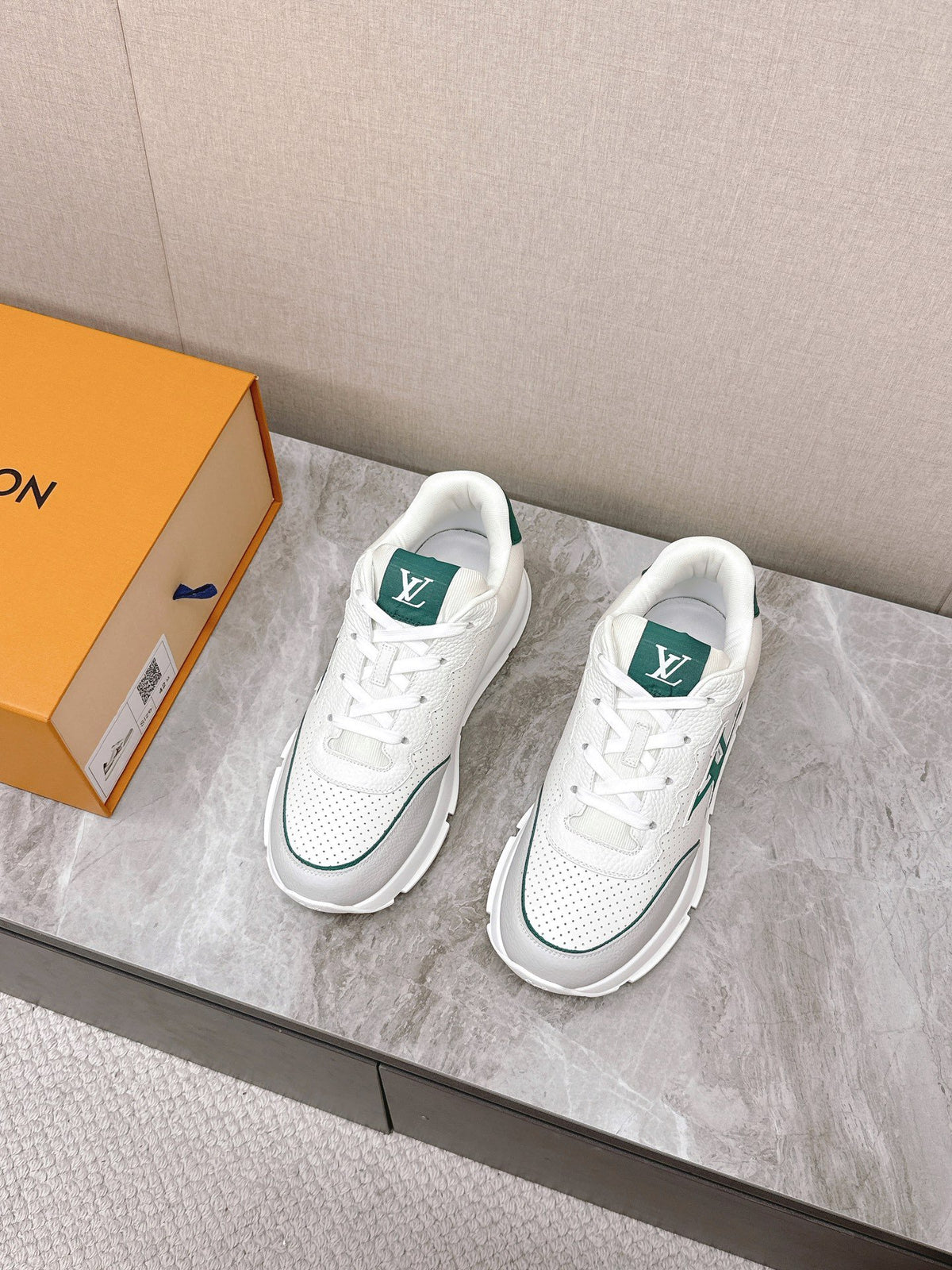 LV Women White Leather Green Accent Sneakers