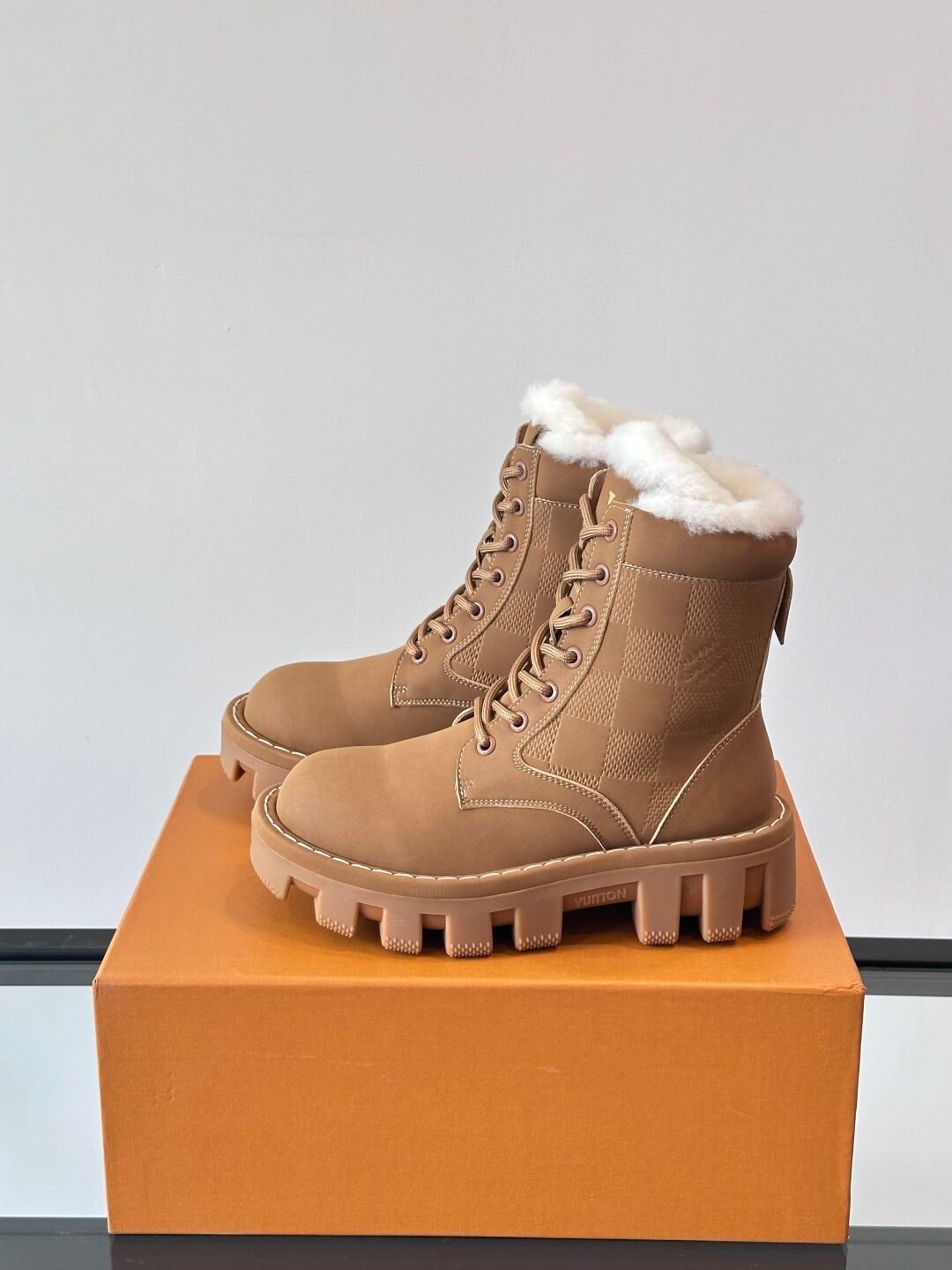 LV Men Tan Leather Fur-Lined Boots