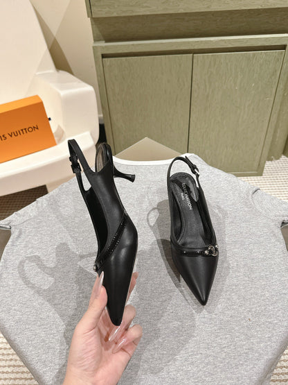 LV Women Black Leather Slingback Heels