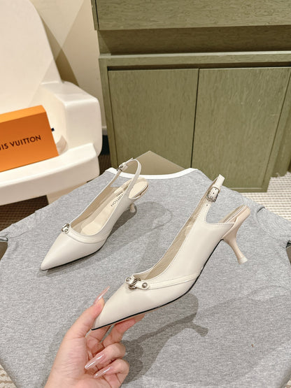 LV Women White Leather Pointed Slingback Heels