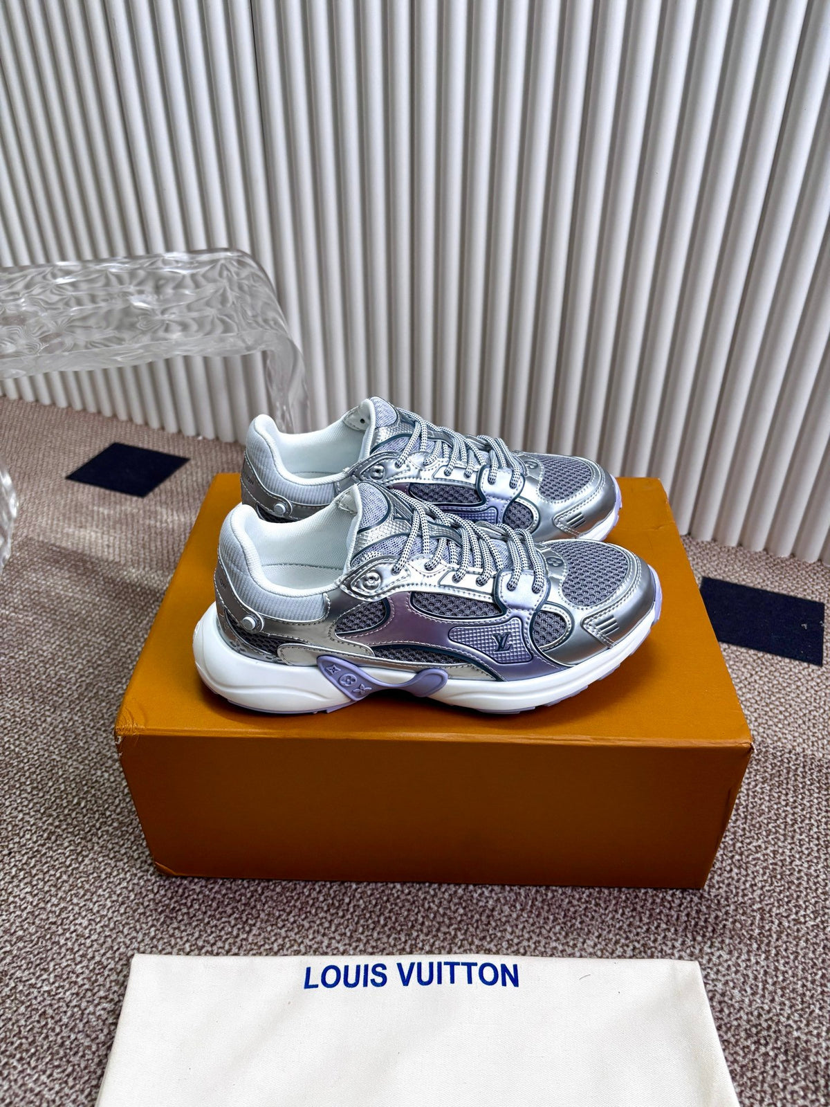 LV Women Silver Mesh And Leather Sneakers