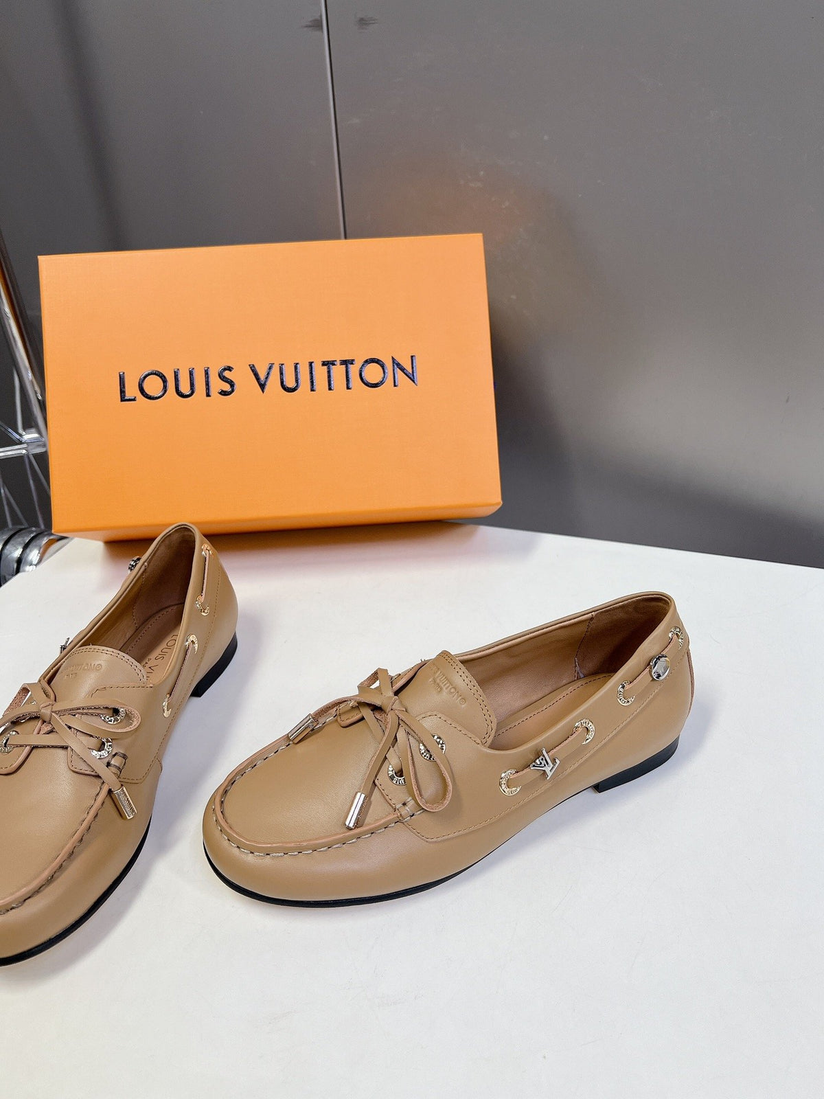 LV Women Beige Leather Loafers
