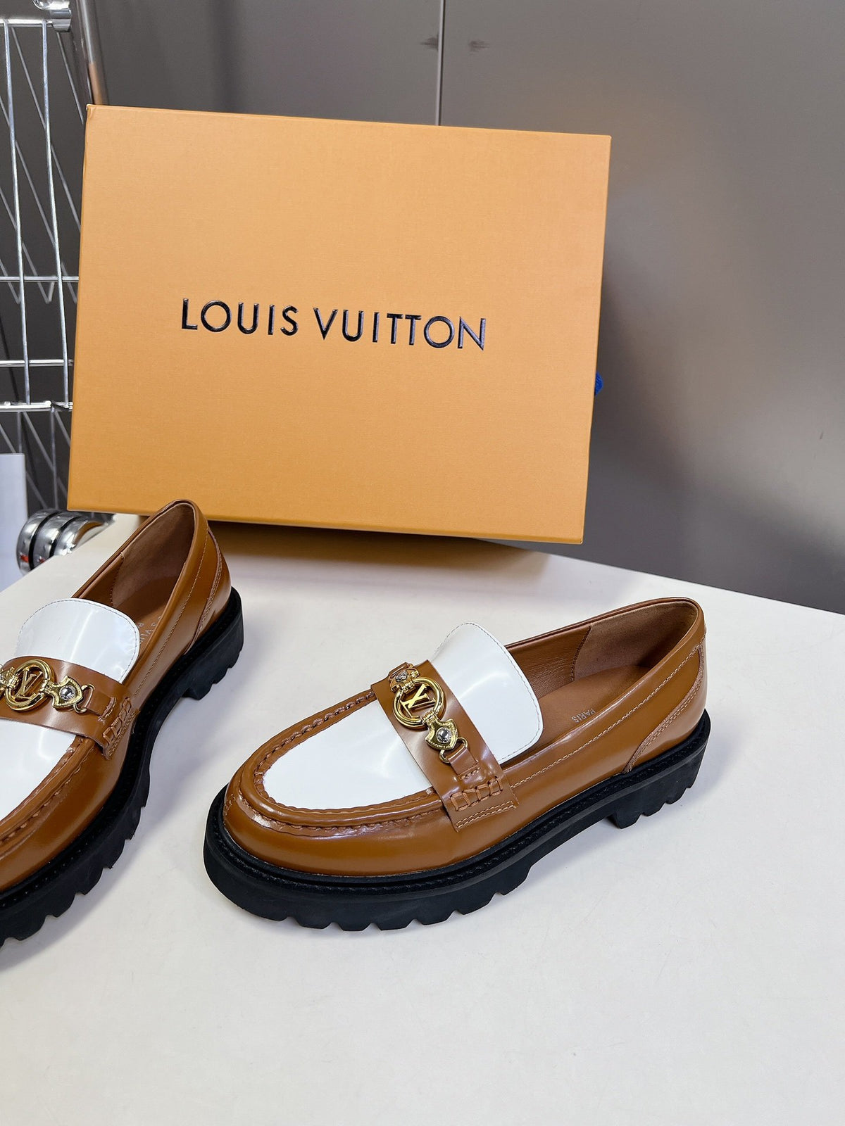 LV Women Brown White Leather Loafers