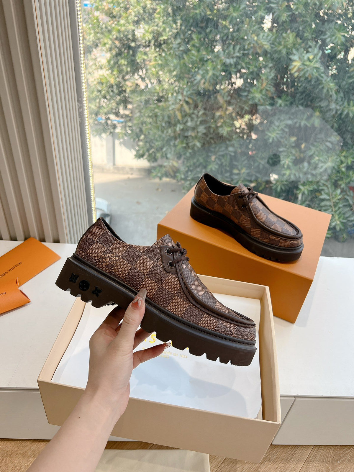 LV Women Brown Checkered Leather Loafers