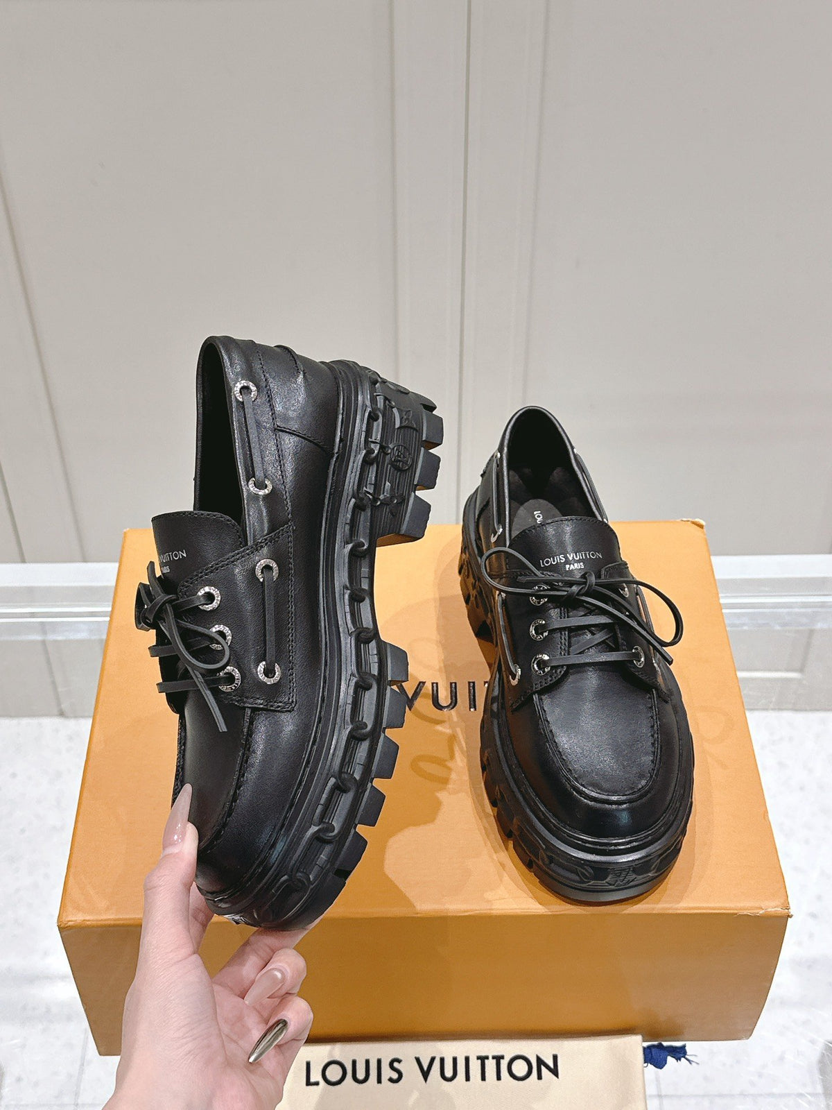 LV Women Black Leather Chunky Loafers