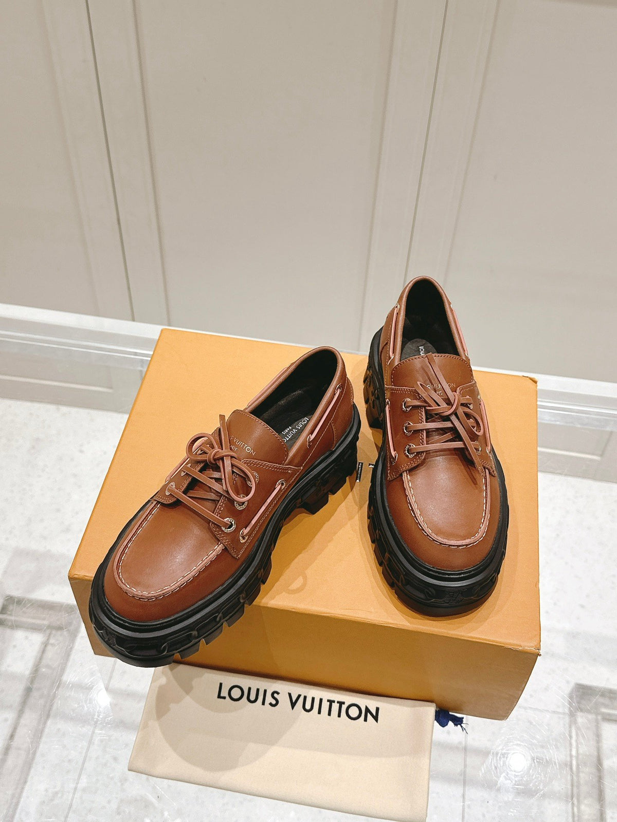 LV Women Brown Leather Chunky Sole Loafers