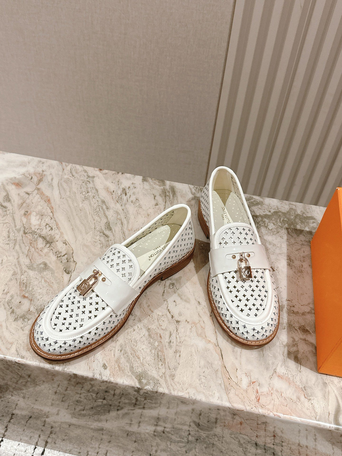 LV Women White Leather Loafers