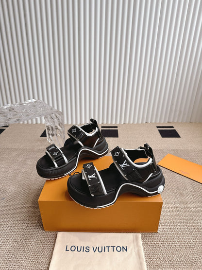 LV Women Black Synthetic Monogram Strap Sandals